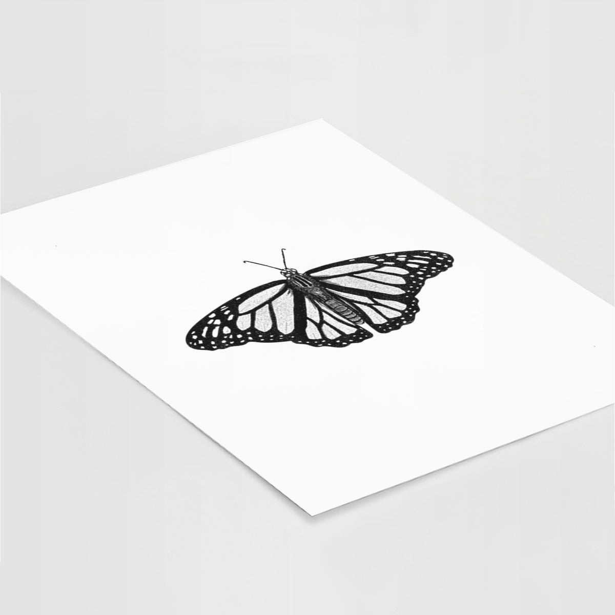 Art print of a detailed black ink illustration of a monarch butterfly with its wings spread, lying at an angle on a white surface.