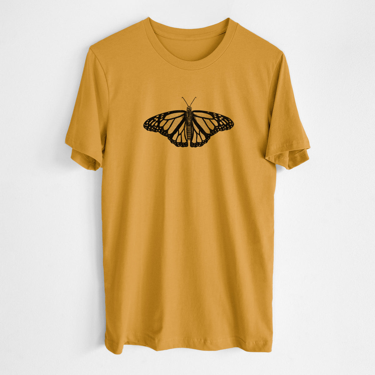 Honeycomb yellow lightweight cotton t-shirt laid flat, printed with a detailed black ink illustration of a monarch butterfly with its wings spread.