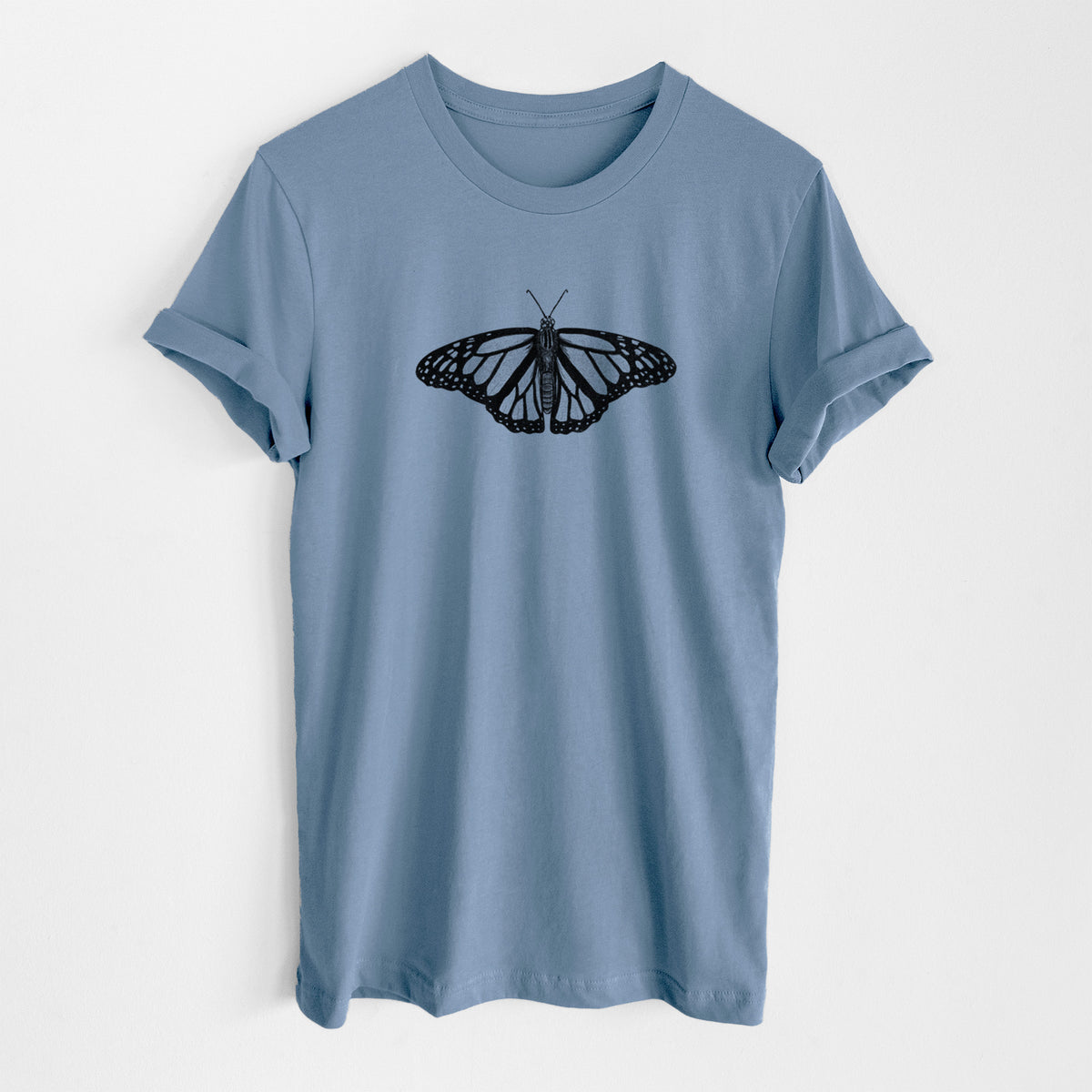 Steel blue lightweight cotton t-shirt laid flat, printed with a detailed black ink illustration of a monarch butterfly with its wings spread.