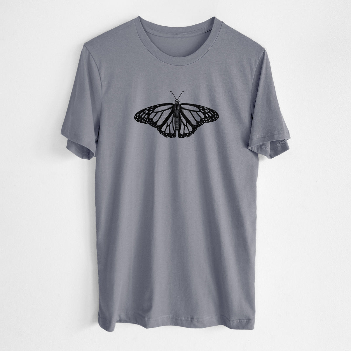 Storm grey lightweight cotton t-shirt laid flat, printed with a detailed black ink illustration of a monarch butterfly with its wings spread.