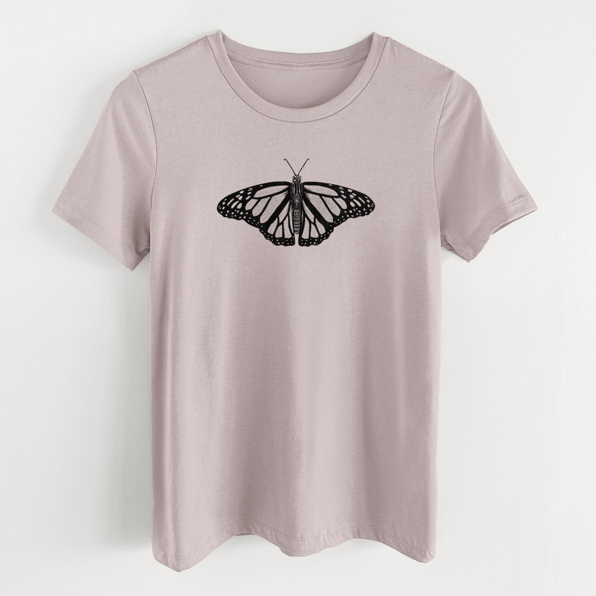 Pink gravel women's relaxed fit cotton t-shirt laid flat, printed with a detailed black ink illustration of a monarch butterfly with its wings spread.