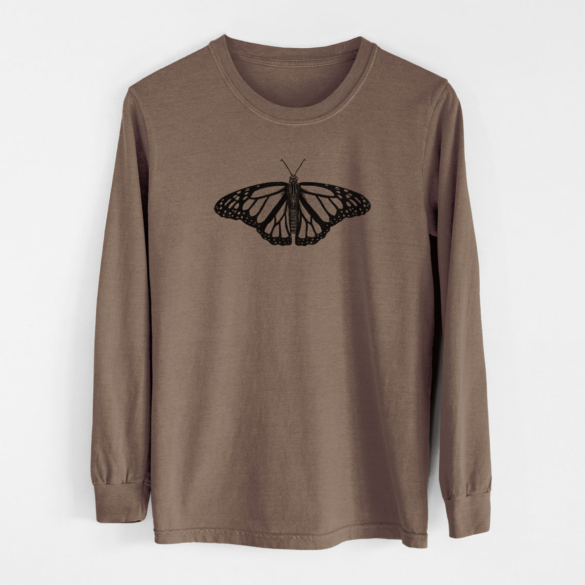 Espresso brown Comfort Colors long sleeve shirt laid flat, printed with a detailed black ink illustration of a monarch butterfly with its wings spread.