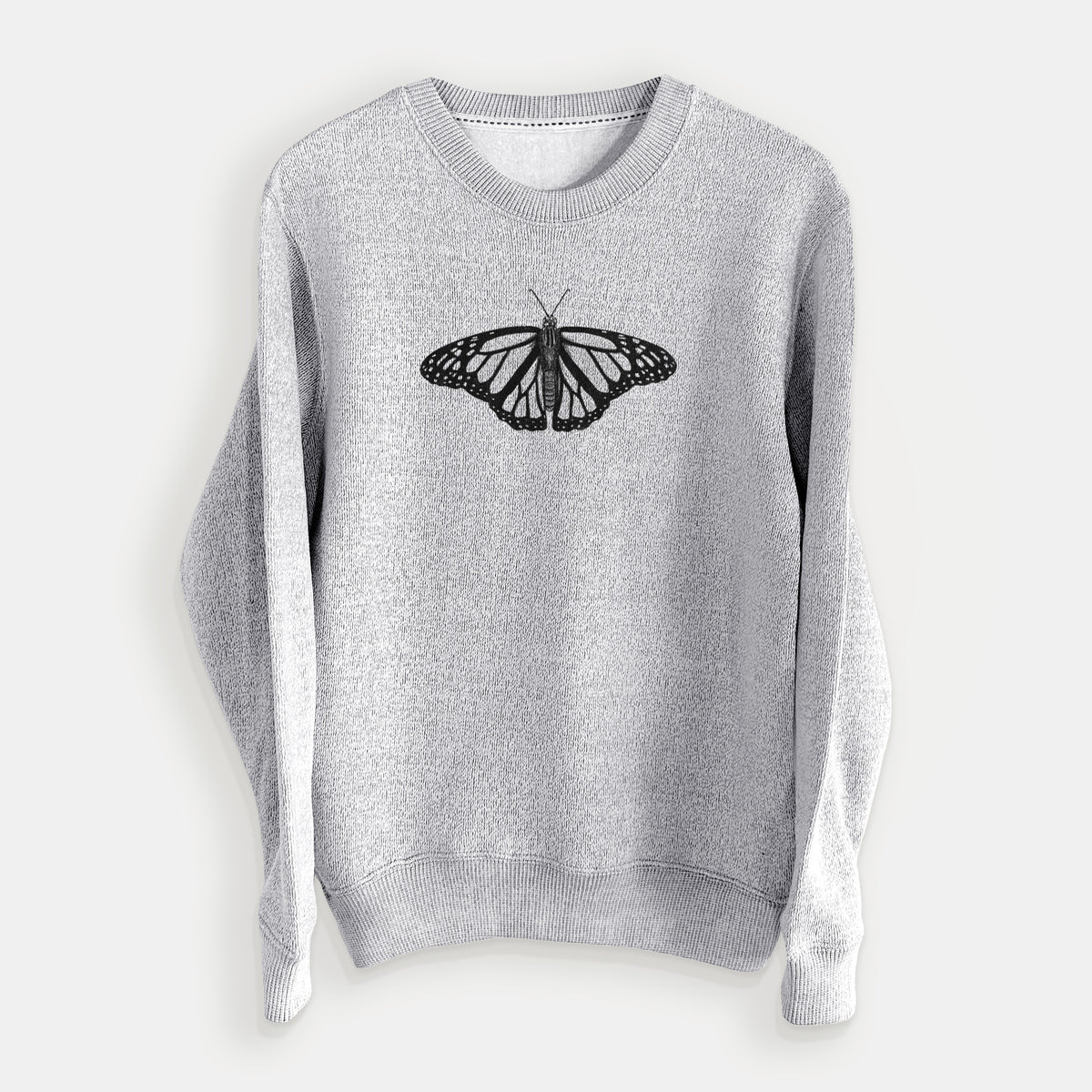 Salt and pepper knit sweatshirt laid flat, printed with a detailed black ink illustration of a monarch butterfly with its wings spread.