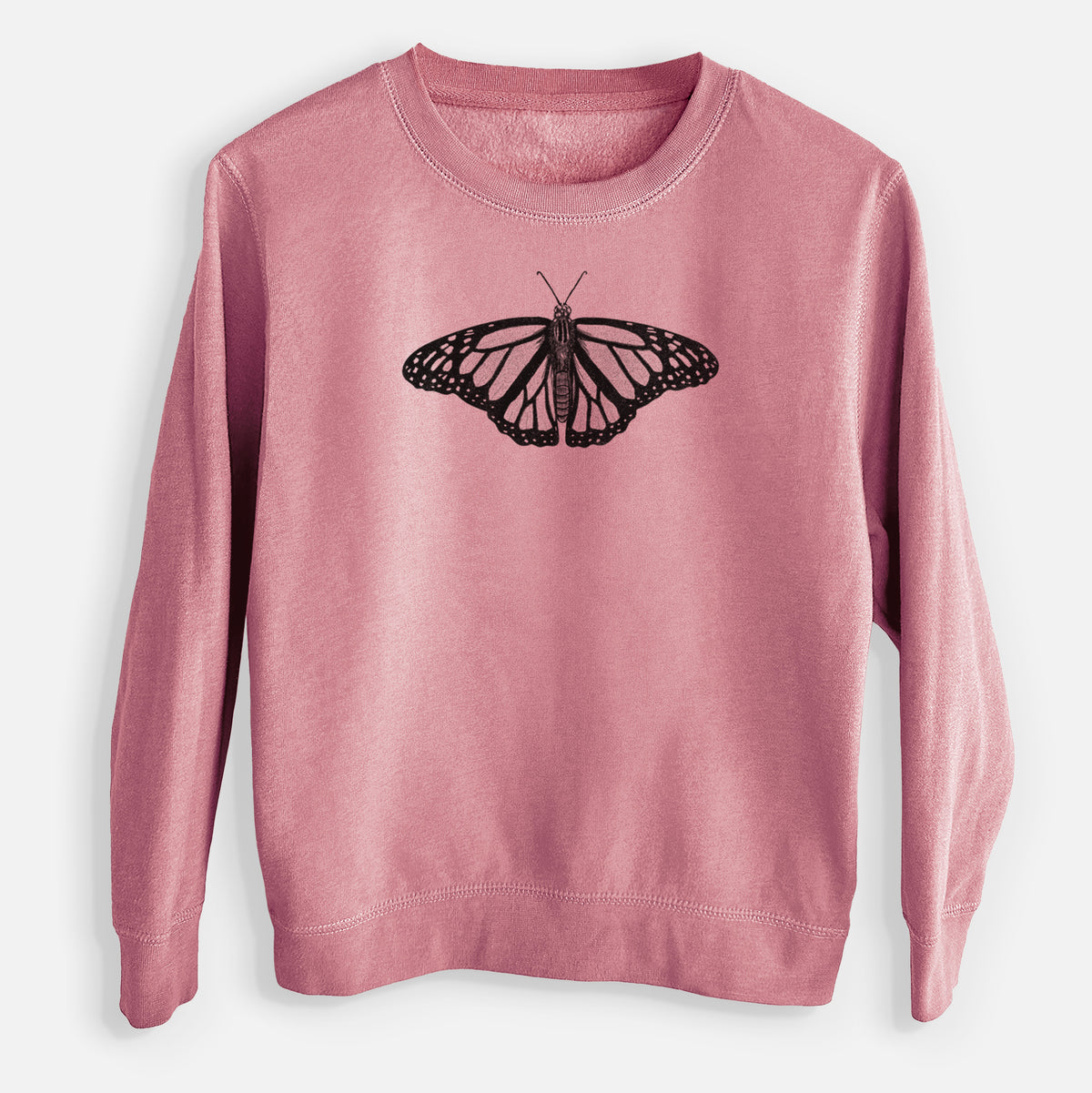Mauve pink youth crewneck sweatshirt laid flat, printed with a detailed black ink illustration of a monarch butterfly with its wings spread.