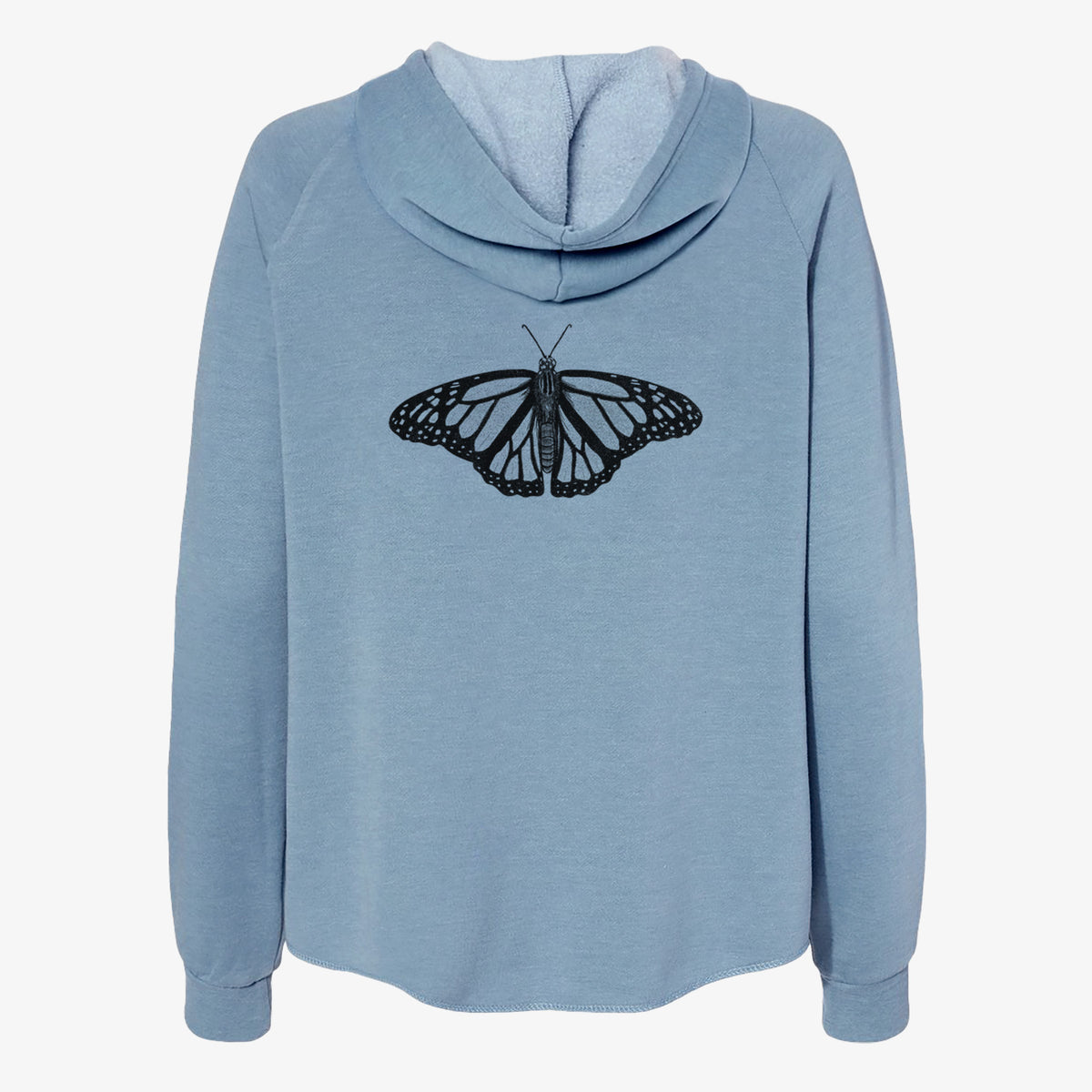 Misty blue women's Cali Wave zip-up sweatshirt laid flat, printed with a detailed black ink illustration of a monarch butterfly with its wings spread.