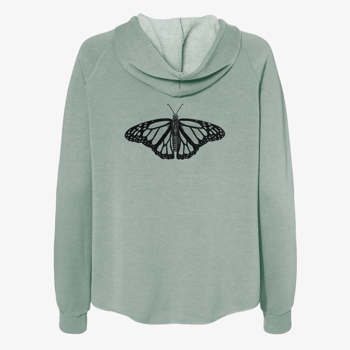 Sage green women's Cali Wave zip-up sweatshirt laid flat, printed with a detailed black ink illustration of a monarch butterfly with its wings spread.