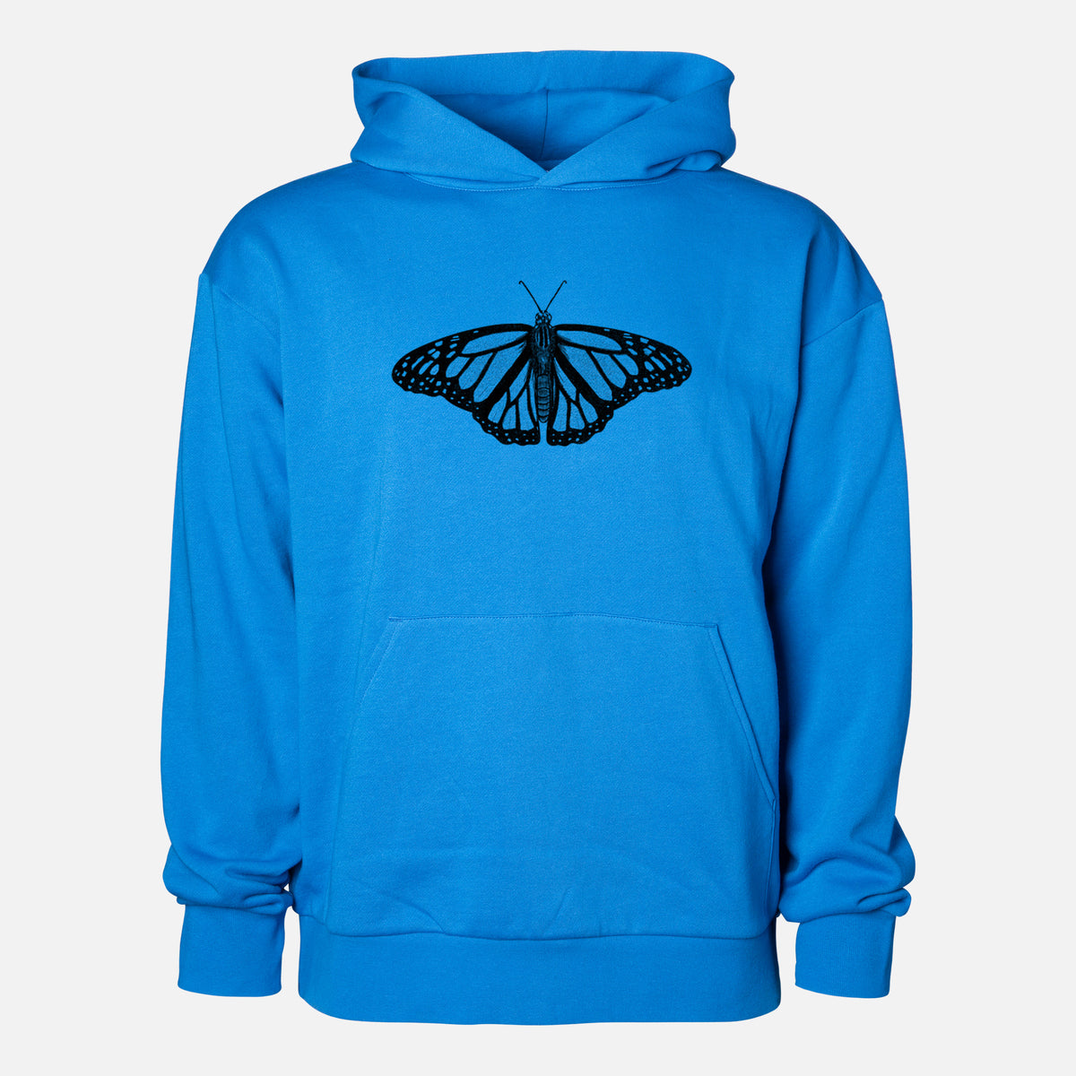 Danaus plexippus - Monarch Butterfly - Statement Midweight Hoodie in Azure Blue, shown from the front with the design printed on the chest above a front kangaroo pocket.
