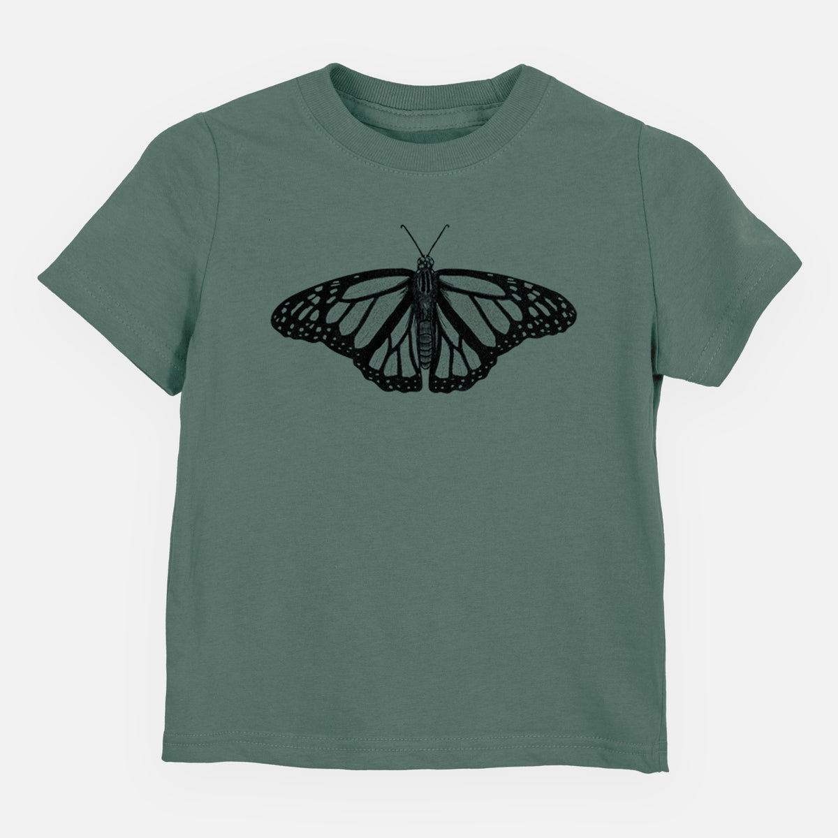 Basil green toddler t-shirt laid flat, printed with a detailed black ink illustration of a monarch butterfly with its wings spread.