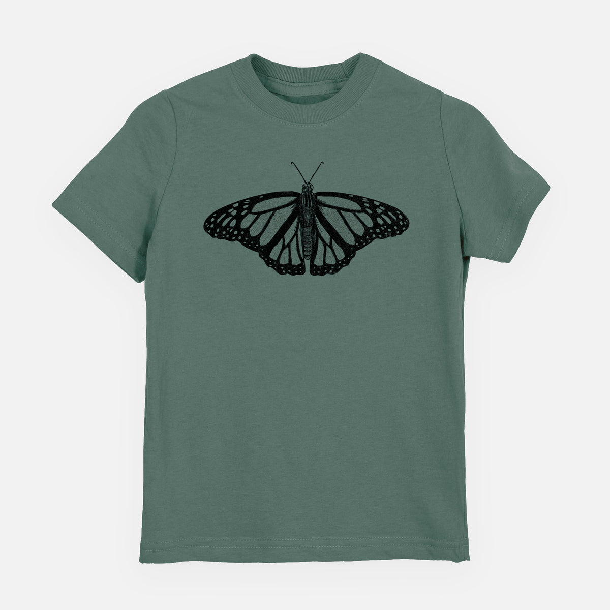 Basil green youth t-shirt laid flat, printed with a detailed black ink illustration of a monarch butterfly with its wings spread.