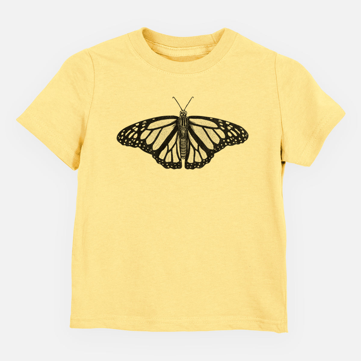 Butter yellow toddler t-shirt laid flat, printed with a detailed black ink illustration of a monarch butterfly with its wings spread.