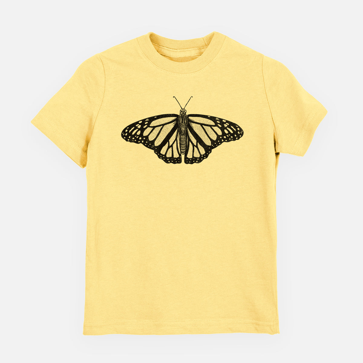 Butter yellow youth t-shirt laid flat, printed with a detailed black ink illustration of a monarch butterfly with its wings spread.