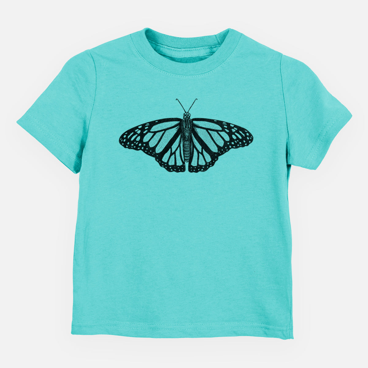 Caribbean blue toddler t-shirt laid flat, printed with a detailed black ink illustration of a monarch butterfly with its wings spread.