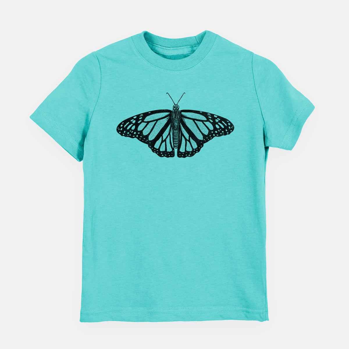 Caribbean blue youth t-shirt laid flat, printed with a detailed black ink illustration of a monarch butterfly with its wings spread.