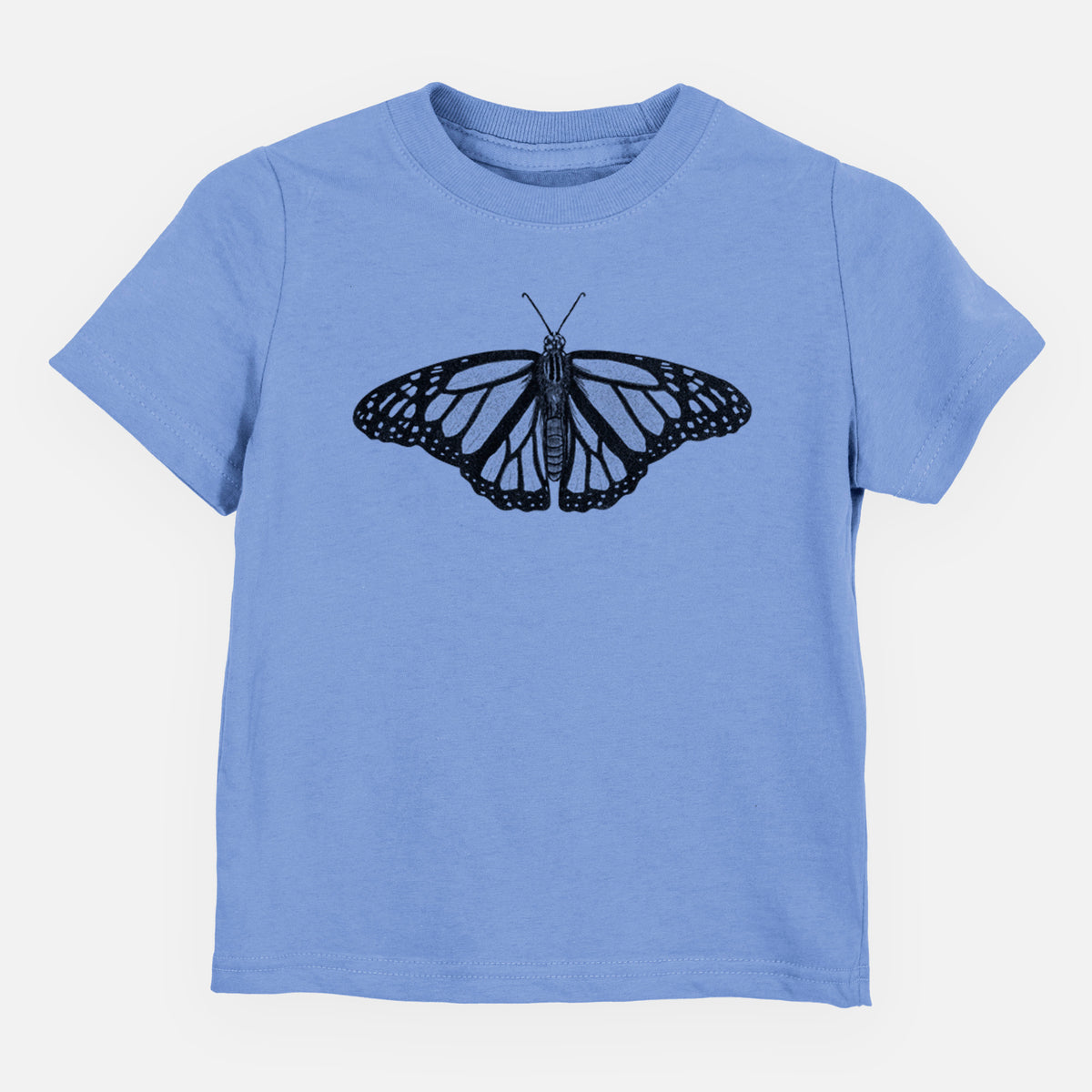 Carolina blue toddler t-shirt laid flat, printed with a detailed black ink illustration of a monarch butterfly with its wings spread.