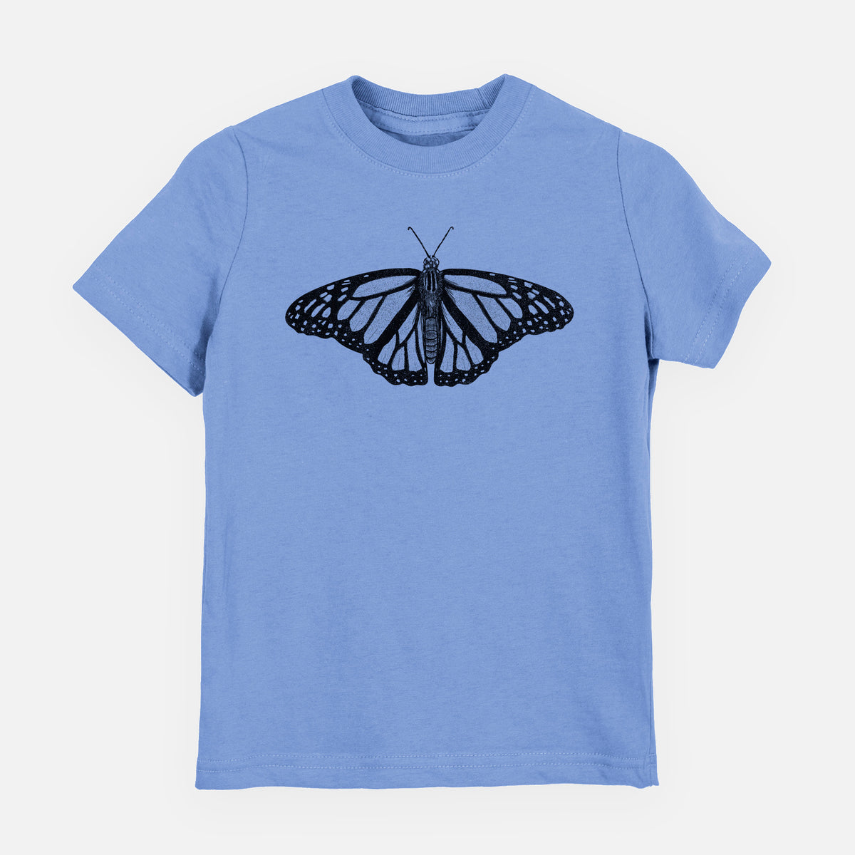 Carolina blue youth t-shirt laid flat, printed with a detailed black ink illustration of a monarch butterfly with its wings spread.