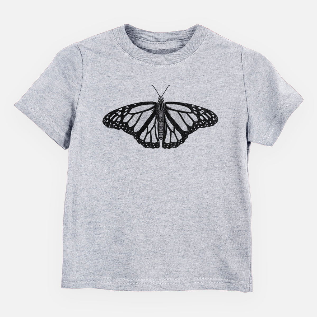 Heather grey toddler t-shirt laid flat, printed with a detailed black ink illustration of a monarch butterfly with its wings spread.
