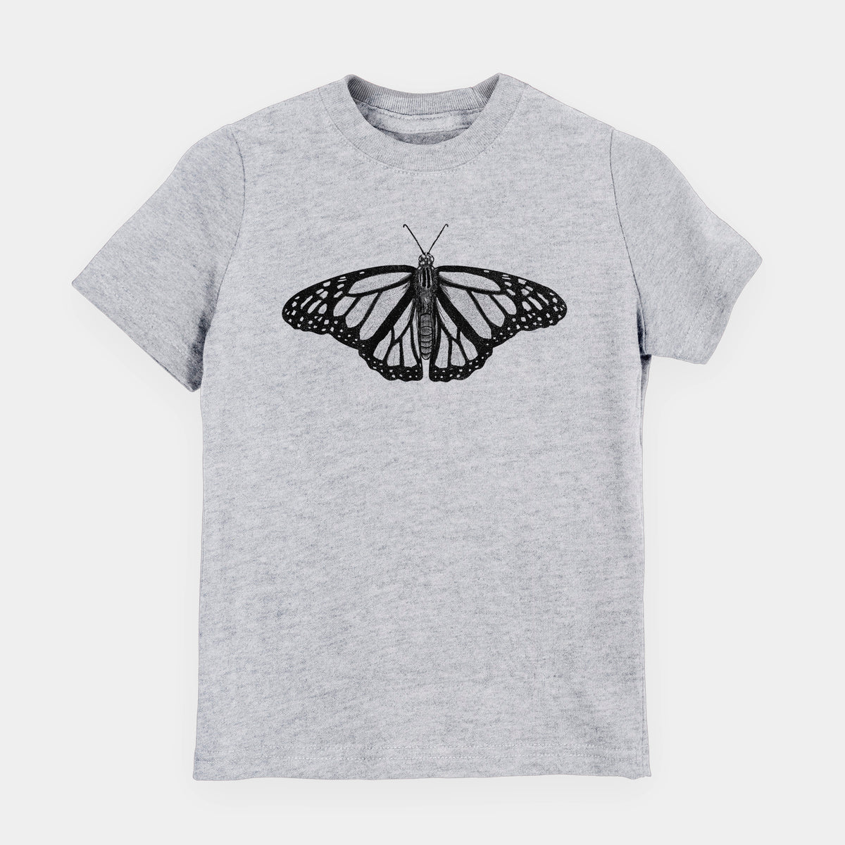 Heather grey youth t-shirt laid flat, printed with a detailed black ink illustration of a monarch butterfly with its wings spread.