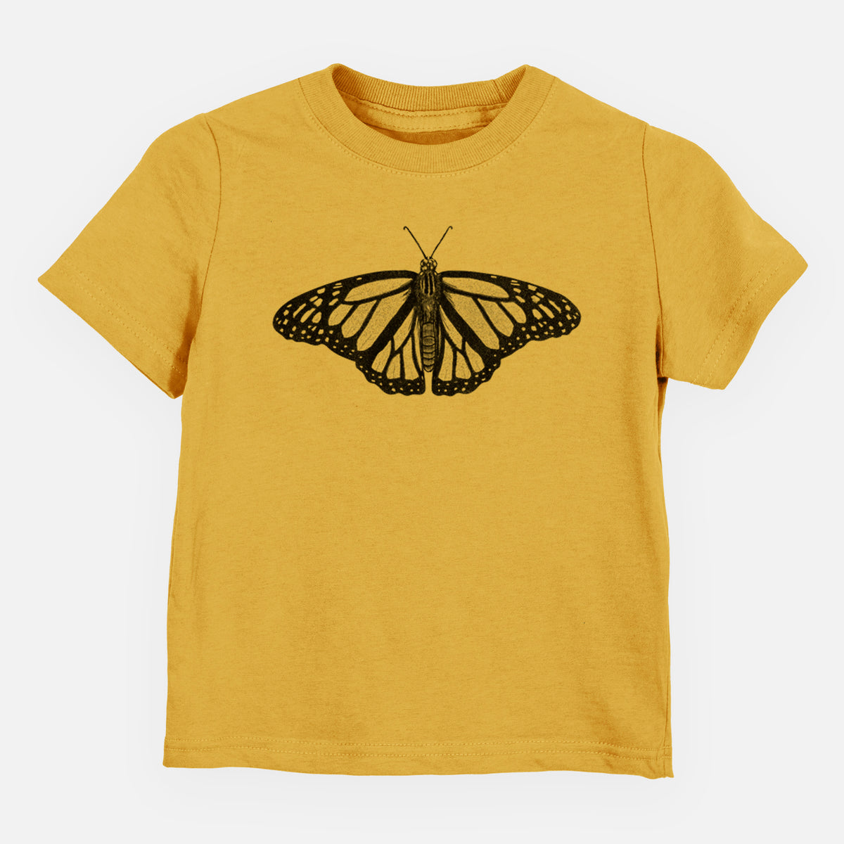 Honeycomb yellow toddler t-shirt laid flat, printed with a detailed black ink illustration of a monarch butterfly with its wings spread.