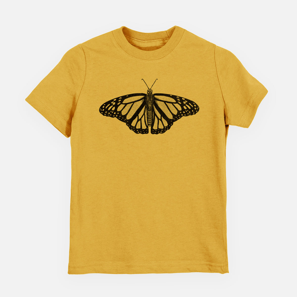 Honeycomb yellow youth t-shirt laid flat, printed with a detailed black ink illustration of a monarch butterfly with its wings spread.