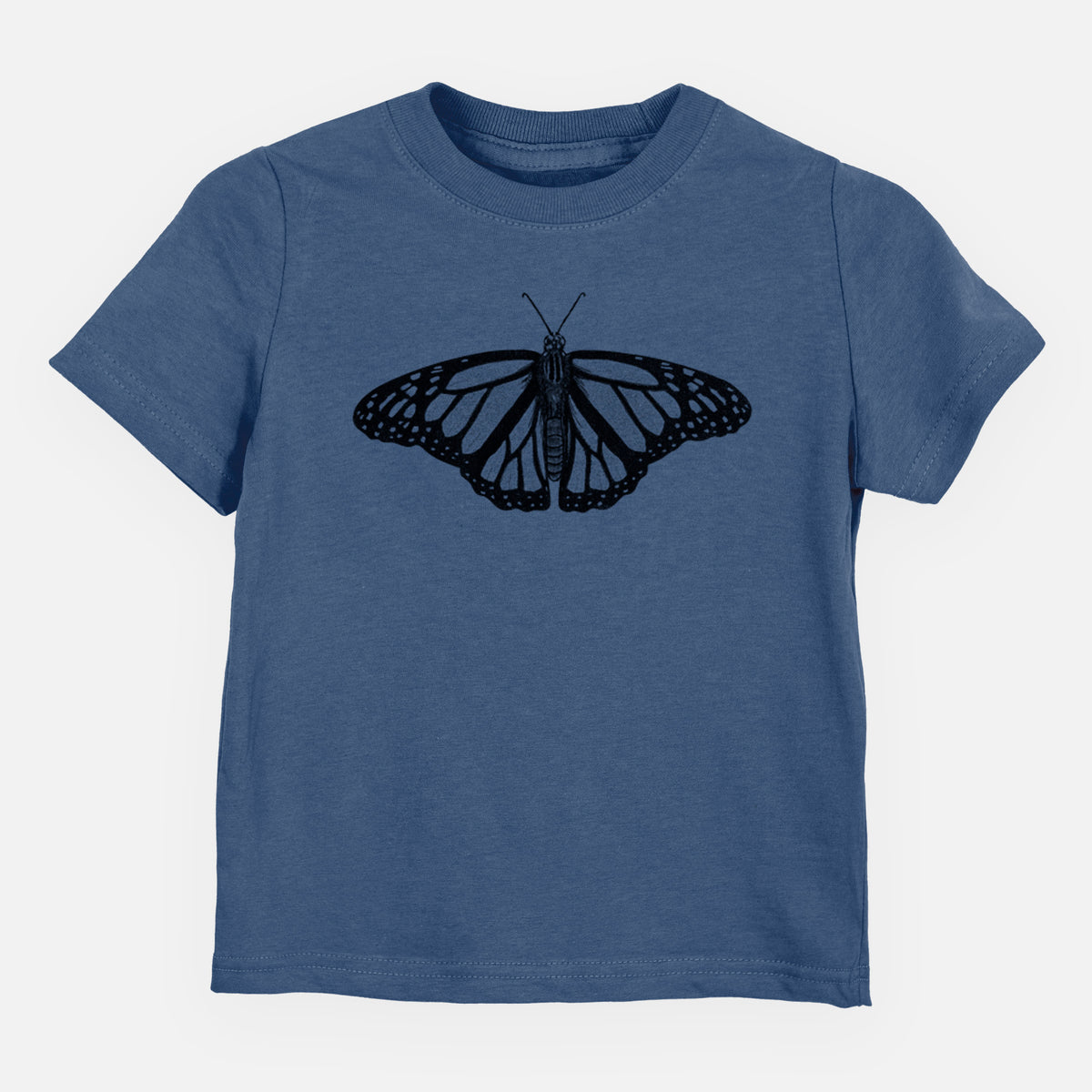 Indigo blue toddler t-shirt laid flat, printed with a detailed black ink illustration of a monarch butterfly with its wings spread.