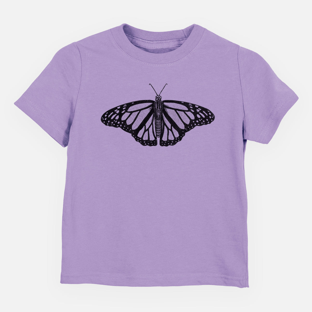 Lavender toddler t-shirt laid flat, printed with a detailed black ink illustration of a monarch butterfly with its wings spread.