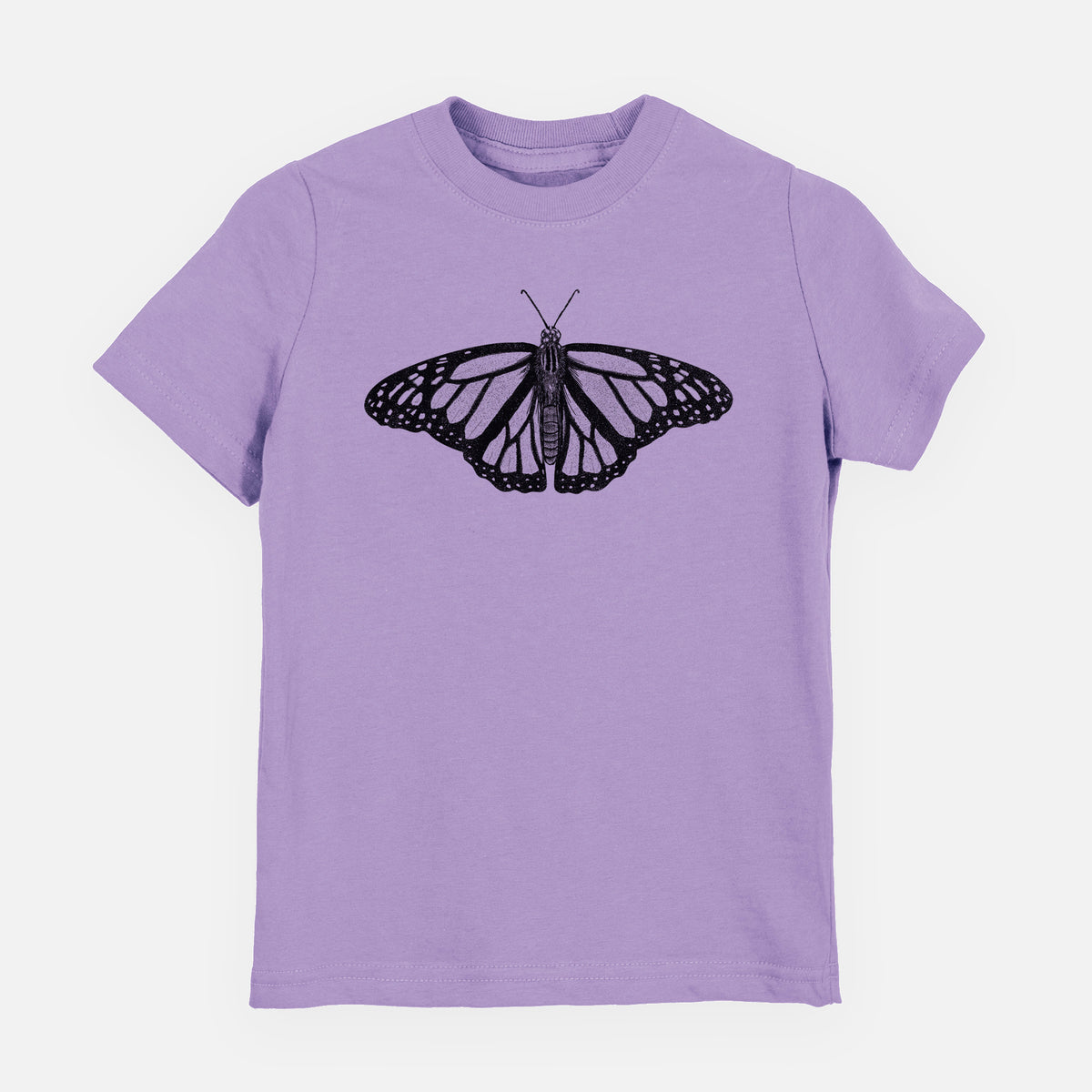 Lavender youth t-shirt laid flat, printed with a detailed black ink illustration of a monarch butterfly with its wings spread.