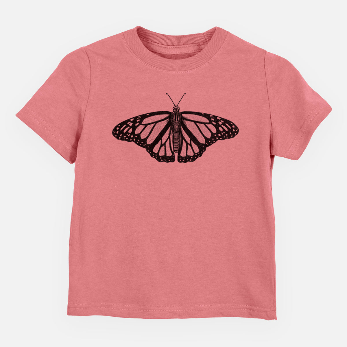 Mauve pink toddler t-shirt laid flat, printed with a detailed black ink illustration of a monarch butterfly with its wings spread.