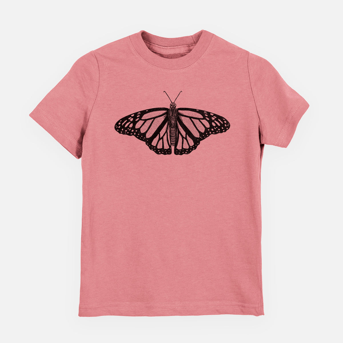 Mauve pink youth t-shirt laid flat, printed with a detailed black ink illustration of a monarch butterfly with its wings spread.