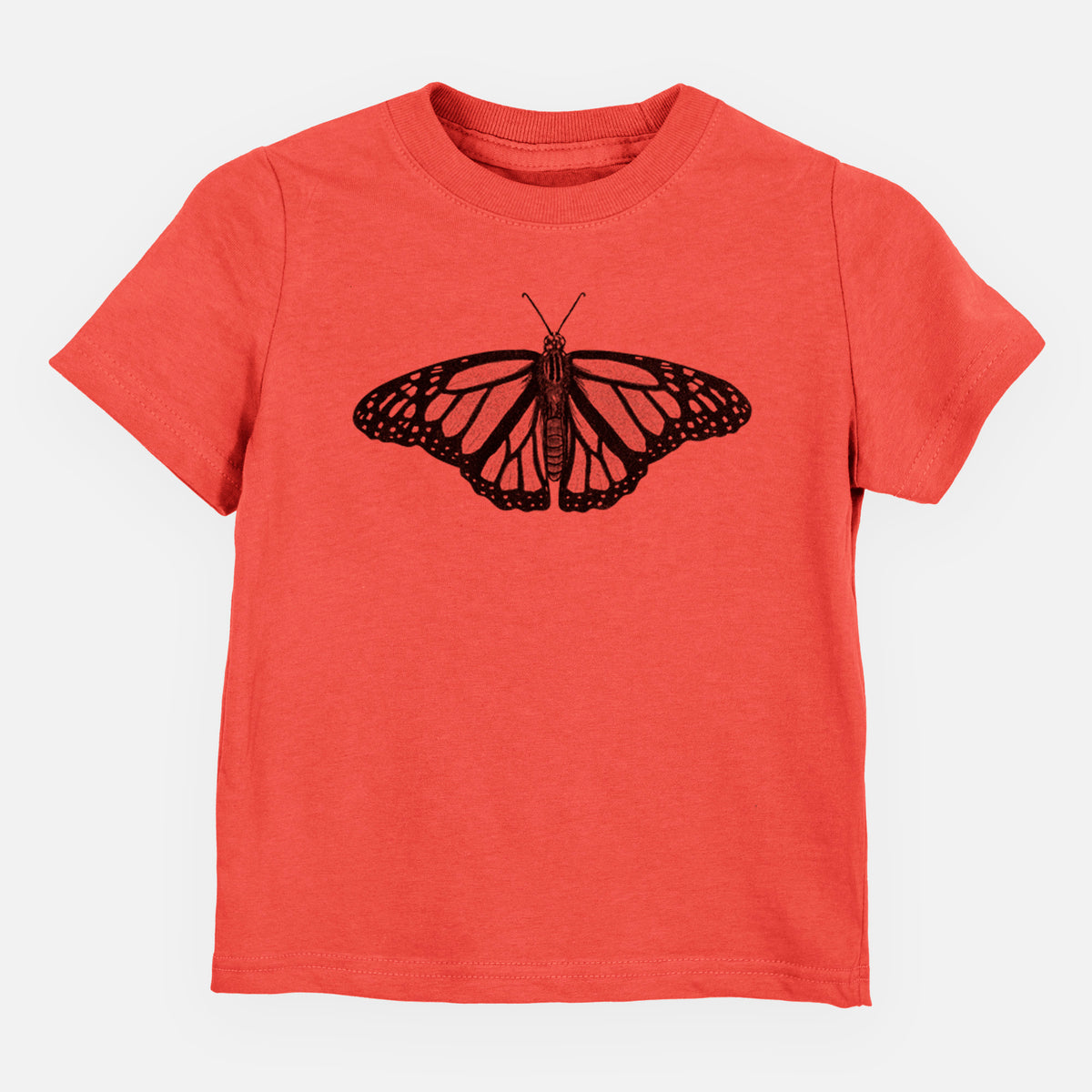 Passionfruit pink toddler t-shirt laid flat, printed with a detailed black ink illustration of a monarch butterfly with its wings spread.