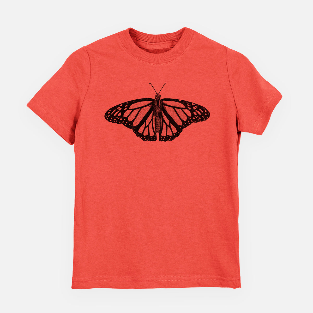 Passionfruit pink youth t-shirt laid flat, printed with a detailed black ink illustration of a monarch butterfly with its wings spread.