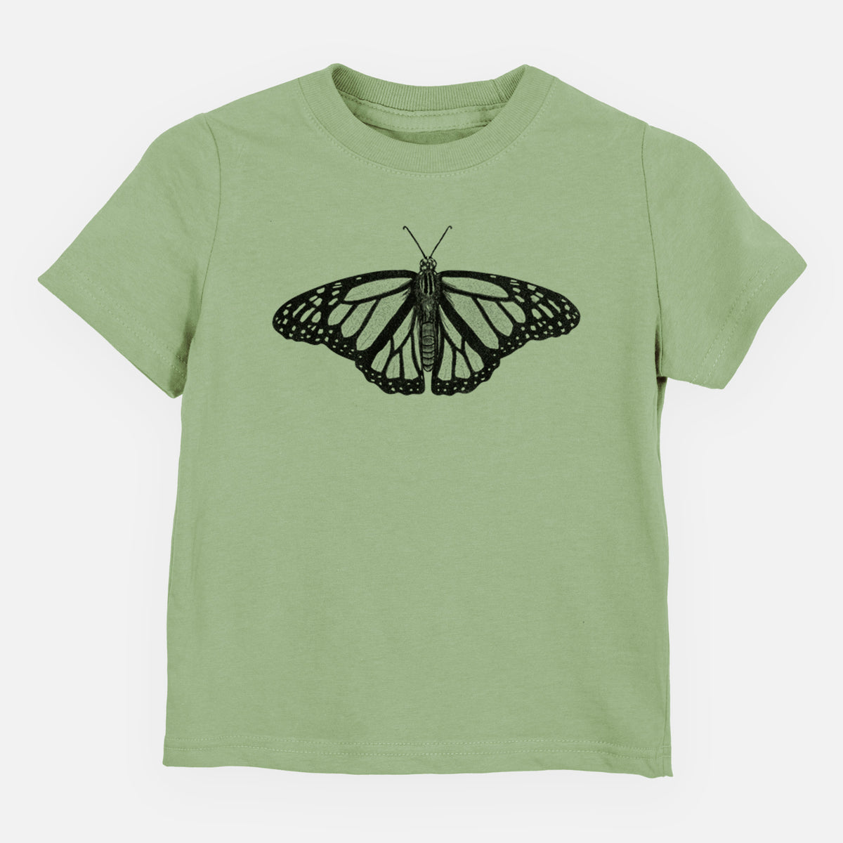 Sage green toddler t-shirt laid flat, printed with a detailed black ink illustration of a monarch butterfly with its wings spread.