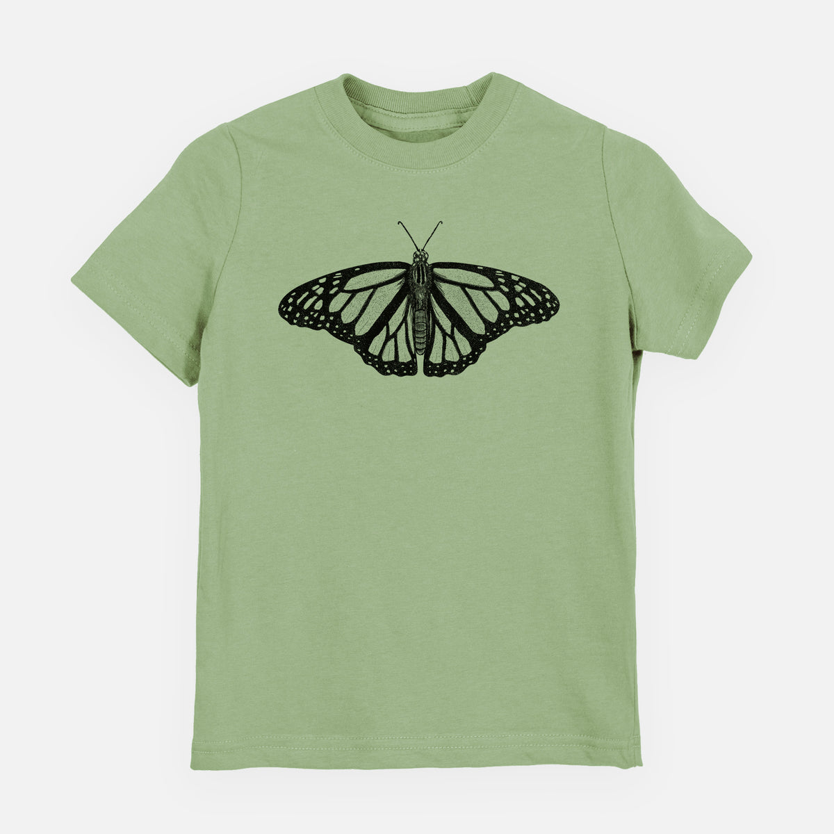 Sage green youth t-shirt laid flat, printed with a detailed black ink illustration of a monarch butterfly with its wings spread.
