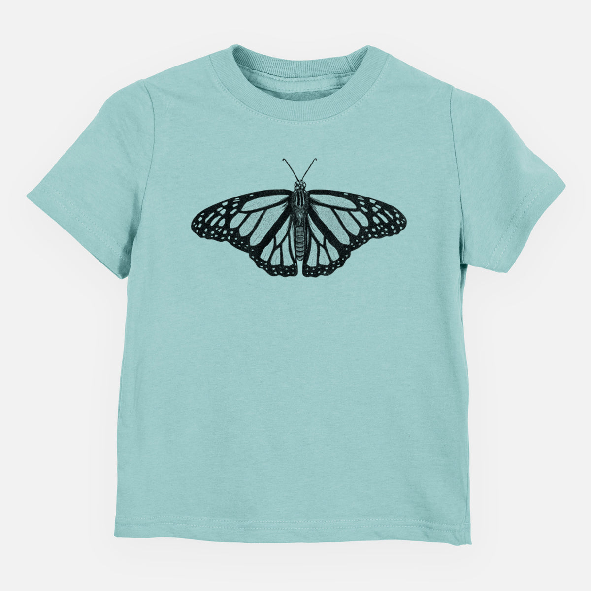 Saltwater toddler t-shirt laid flat, printed with a detailed black ink illustration of a monarch butterfly with its wings spread.