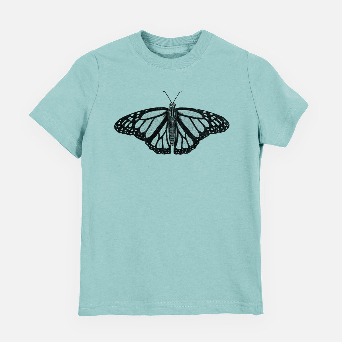Saltwater youth t-shirt laid flat, printed with a detailed black ink illustration of a monarch butterfly with its wings spread.