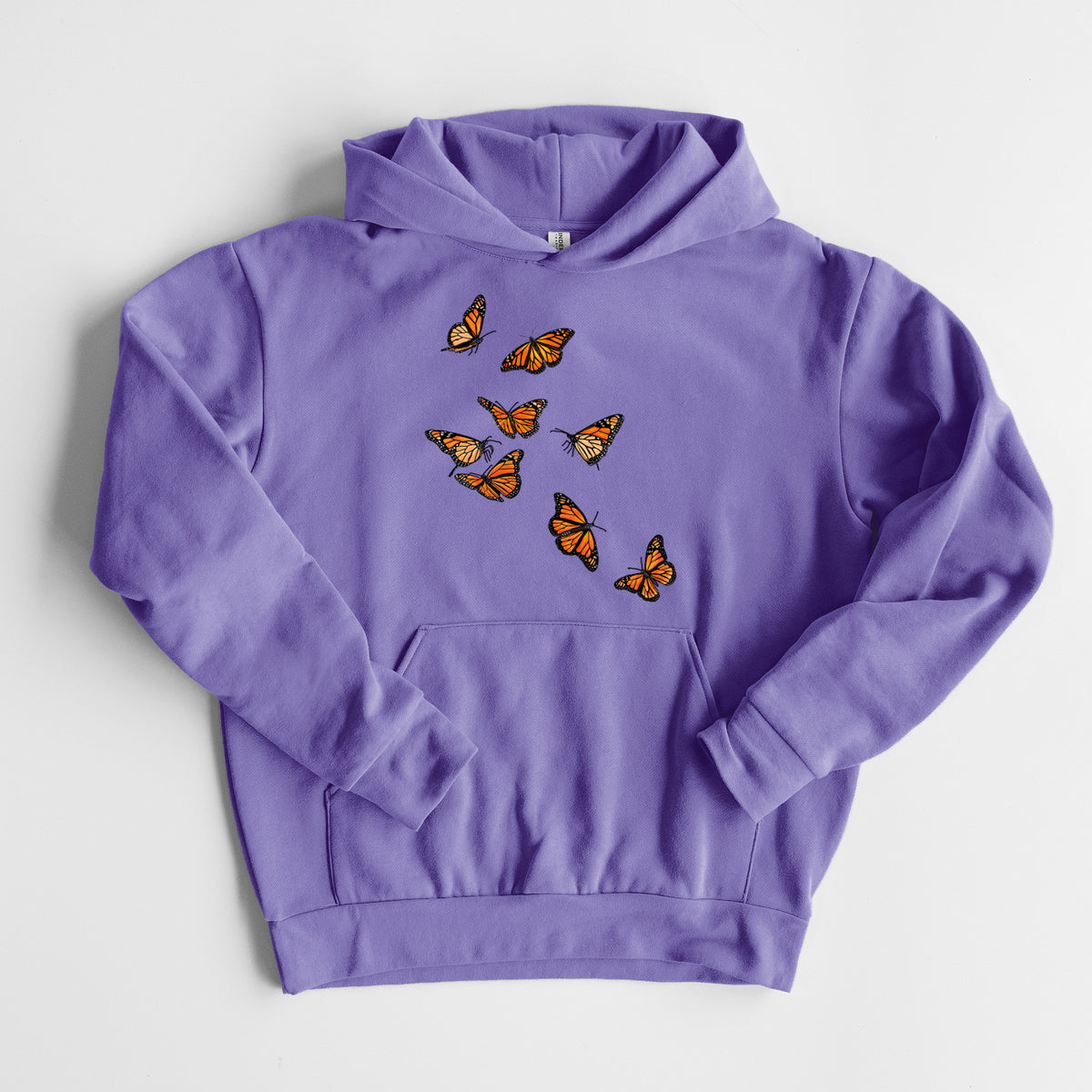 Monarch Migration - Statement Midweight Hoodie in Violet, laid flat, showing the oversized boxy fit and front kangaroo pocket.