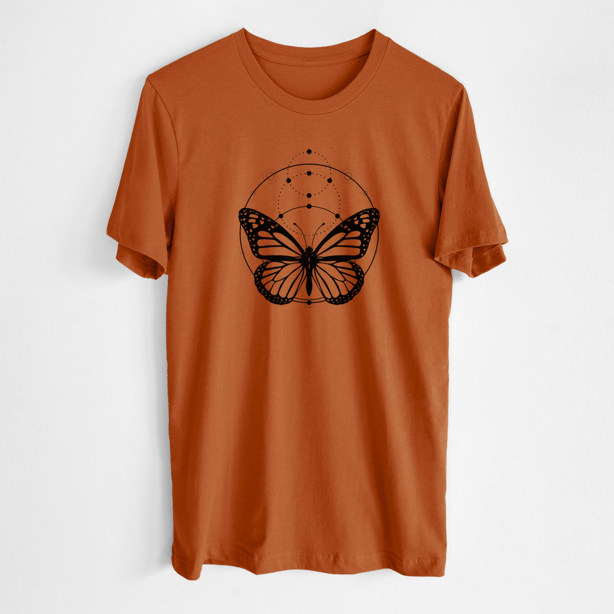 Autumn lightweight cotton t-shirt laid flat, printed with a black ink monarch butterfly inside a circle, beneath a line of moon phases.
