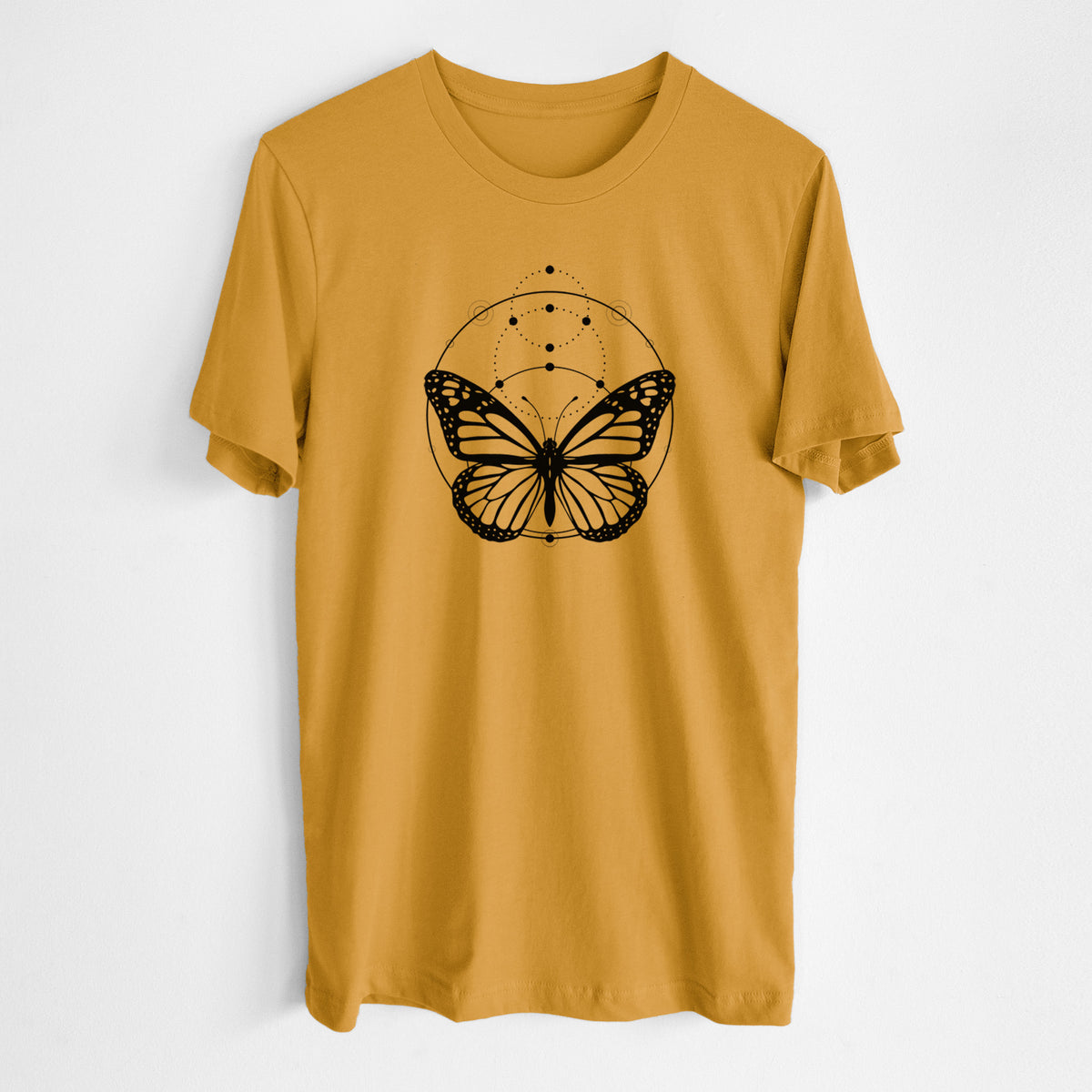 Honeycomb yellow lightweight cotton t-shirt laid flat, printed with a black ink monarch butterfly inside a circle, beneath a line of moon phases.
