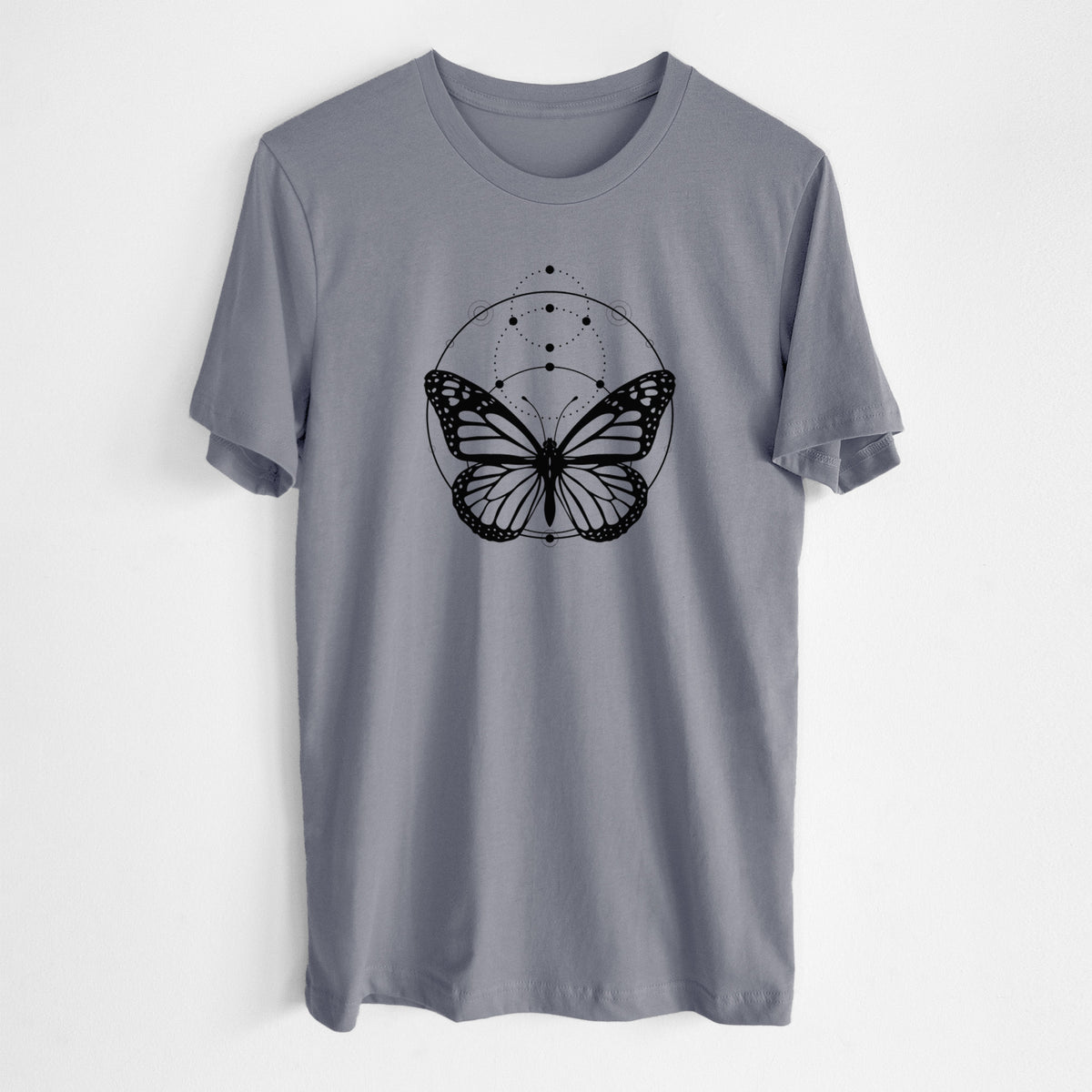 Storm grey lightweight cotton t-shirt laid flat, printed with a black ink monarch butterfly inside a circle, beneath a line of moon phases.