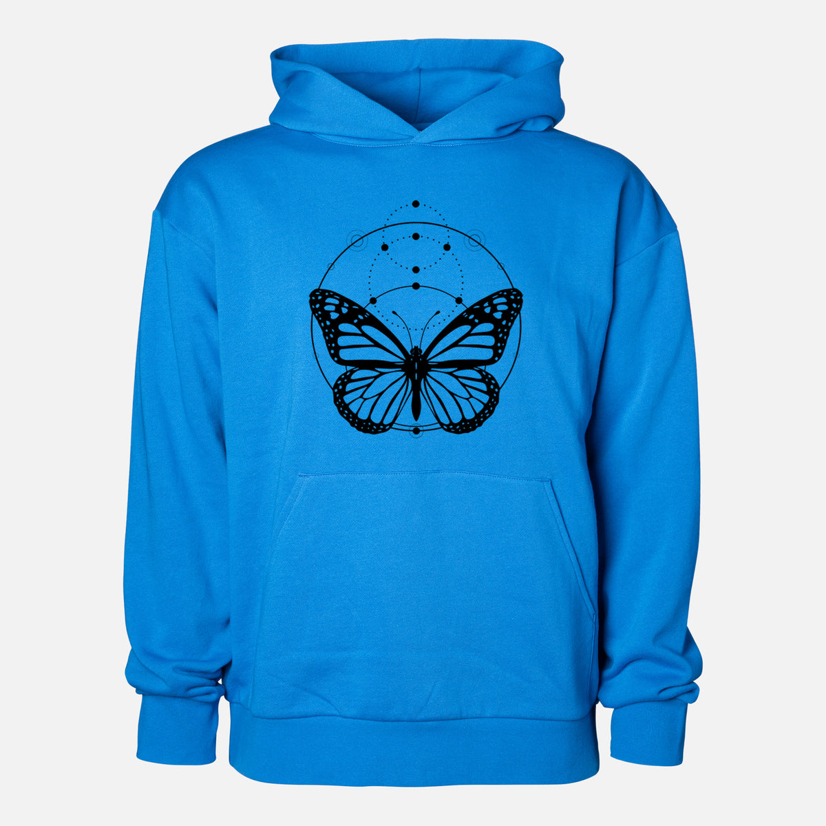 Monarch Symmetry - Statement Midweight Hoodie in Azure Blue, shown from the front with the design printed on the chest above a front kangaroo pocket.