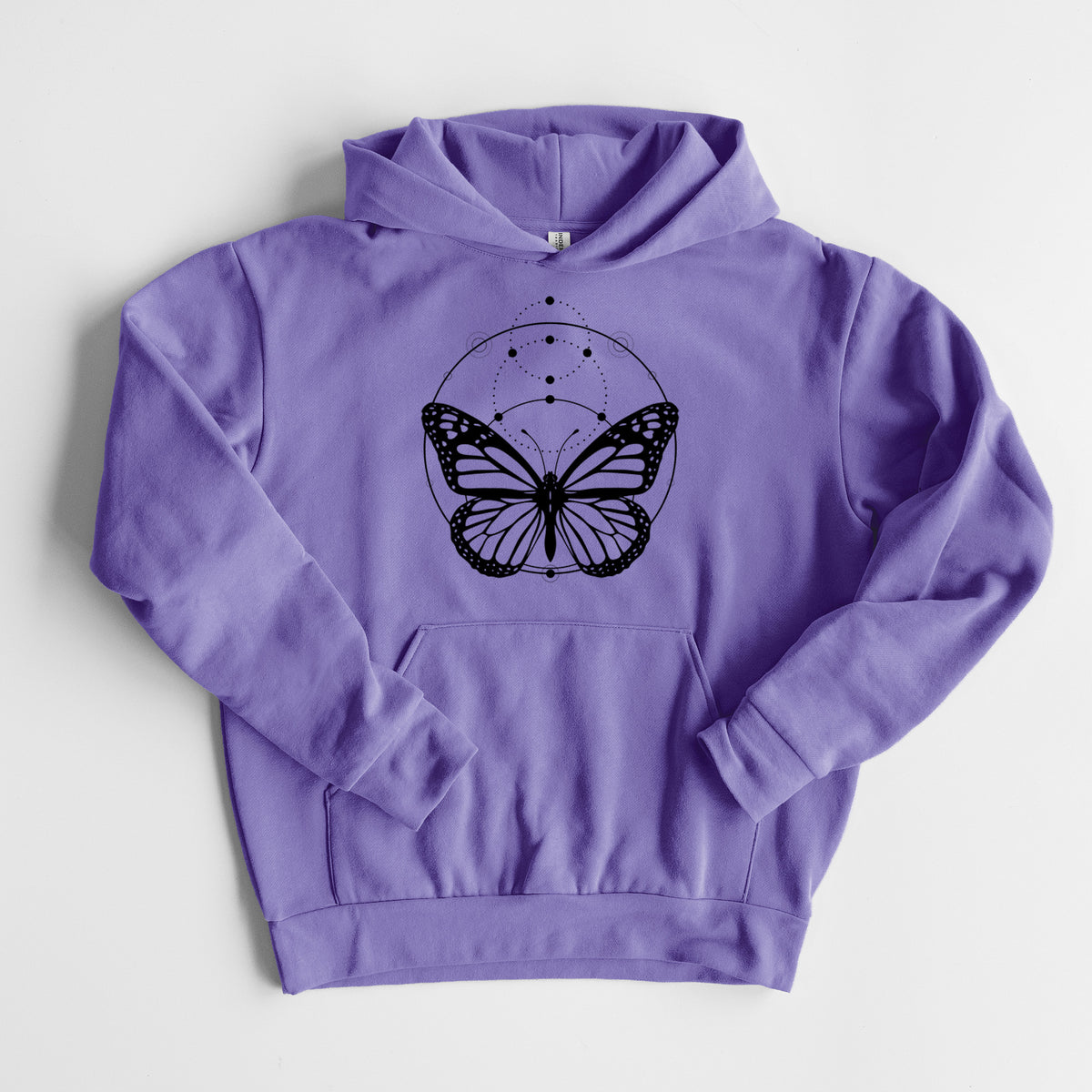 Monarch Symmetry - Statement Midweight Hoodie in Violet, laid flat, showing the oversized boxy fit and front kangaroo pocket.