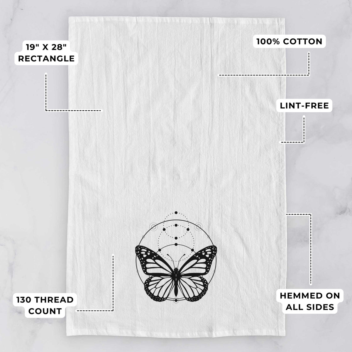 White tea towel printed with a black ink monarch butterfly inside a circle, beneath a line of moon phases, with feature labels: 19 by 28 inch rectangle, 100% cotton, lint-free, 130 thread count, hemmed on all sides.