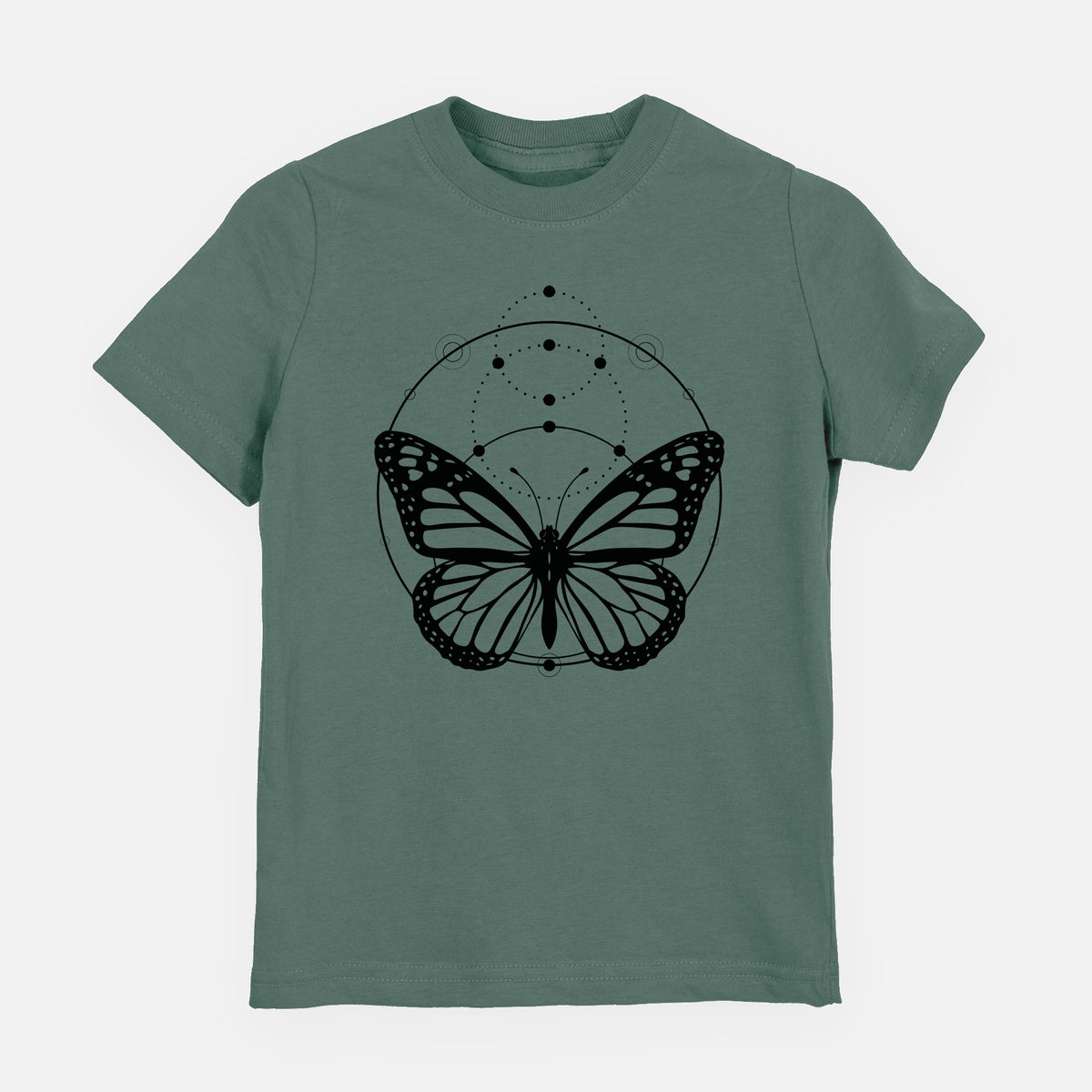 Basil green youth t-shirt laid flat, printed with a black ink monarch butterfly inside a circle, beneath a line of moon phases.