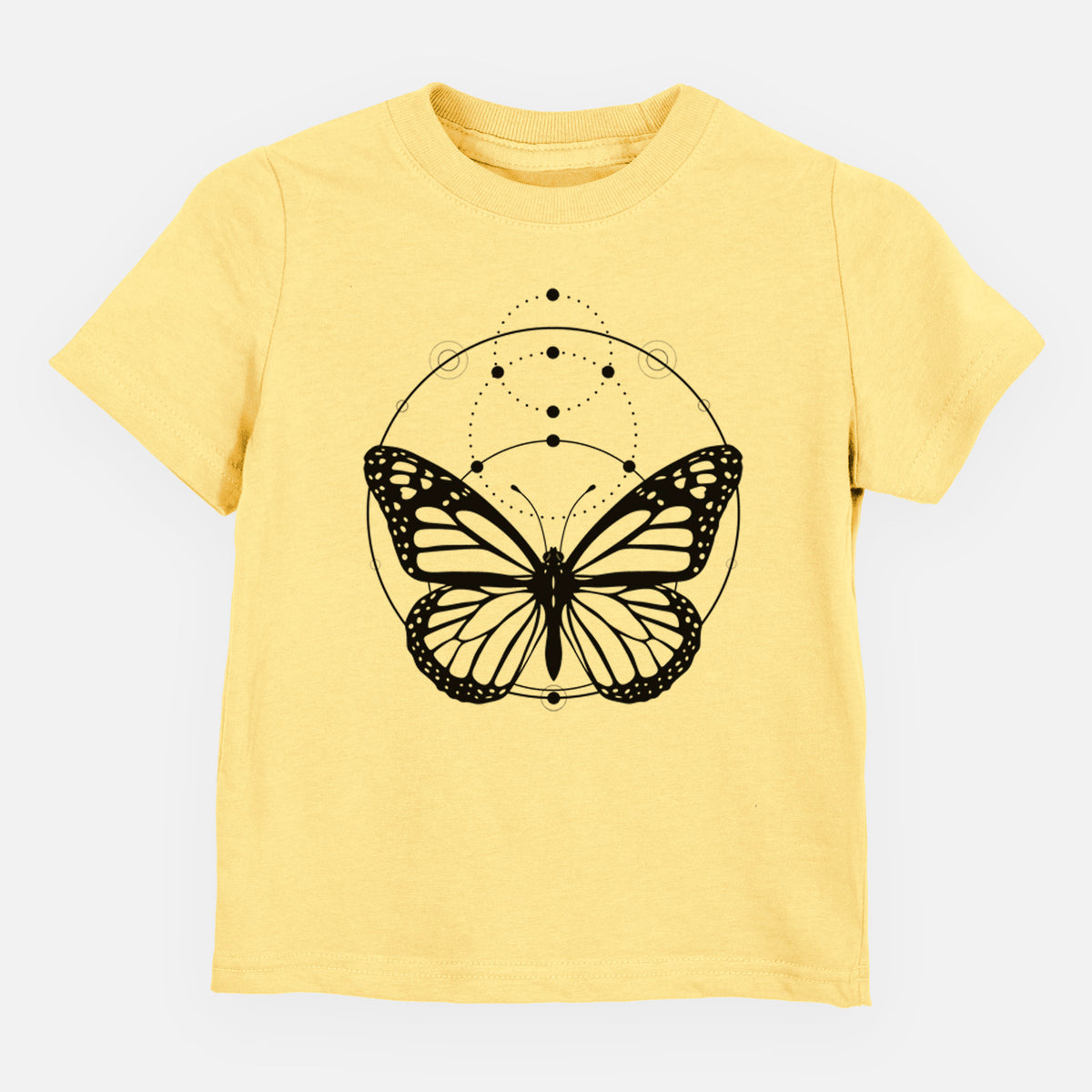 Butter yellow toddler t-shirt laid flat, printed with a black ink monarch butterfly inside a circle, beneath a line of moon phases.