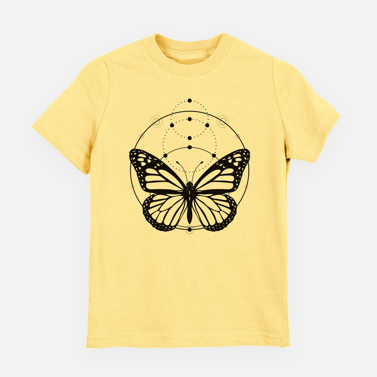 Butter yellow youth t-shirt laid flat, printed with a black ink monarch butterfly inside a circle, beneath a line of moon phases.