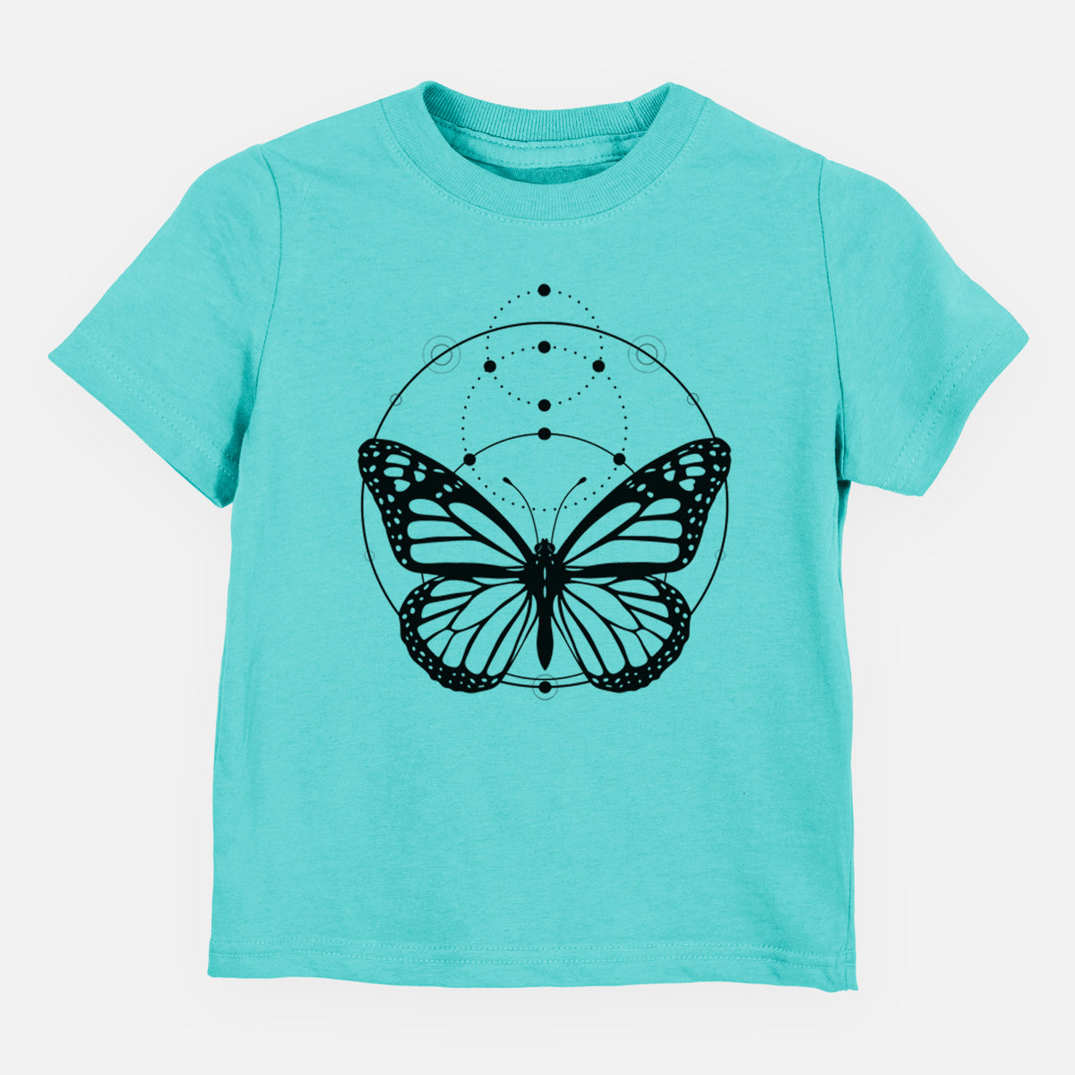 Caribbean blue toddler t-shirt laid flat, printed with a black ink monarch butterfly inside a circle, beneath a line of moon phases.