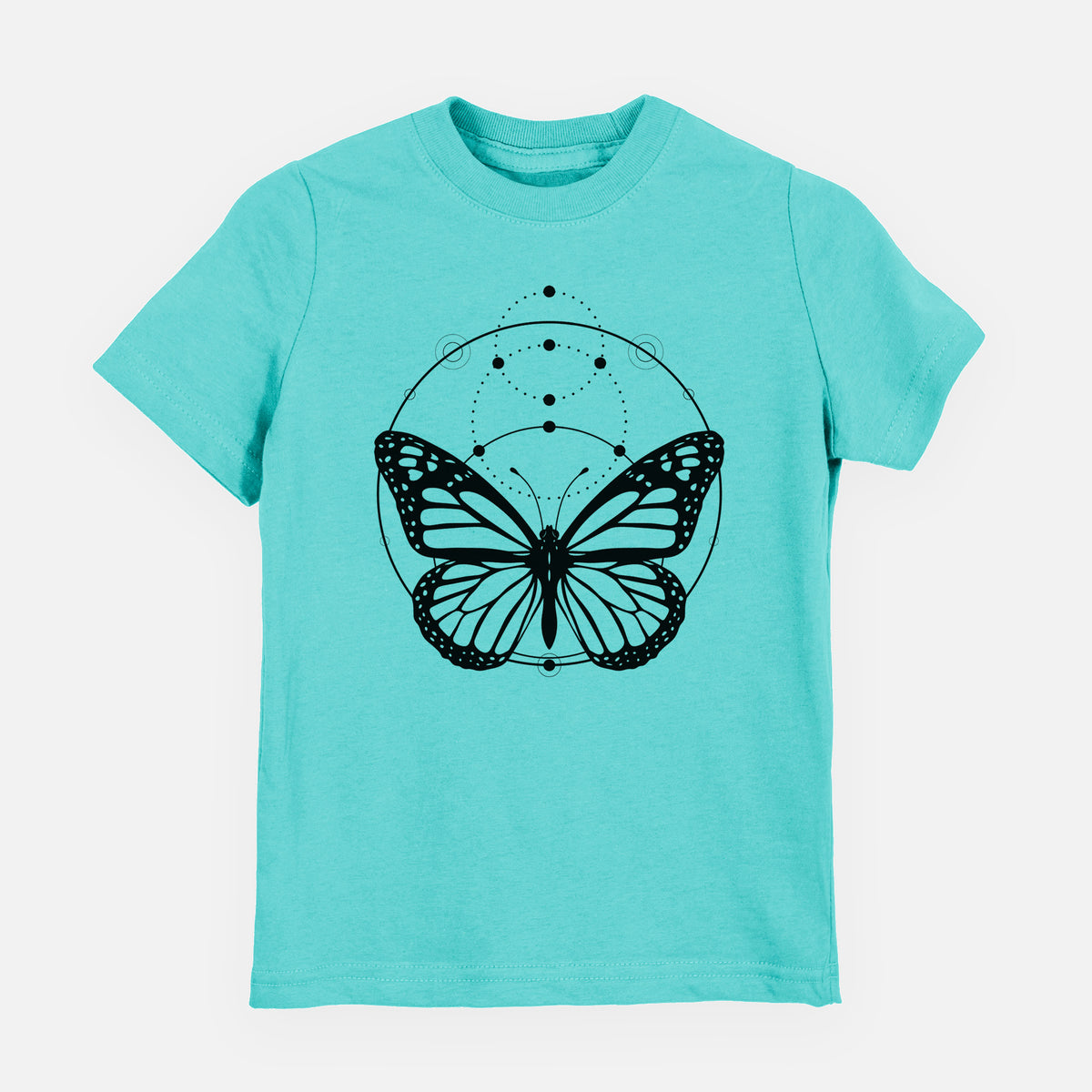 Caribbean blue youth t-shirt laid flat, printed with a black ink monarch butterfly inside a circle, beneath a line of moon phases.