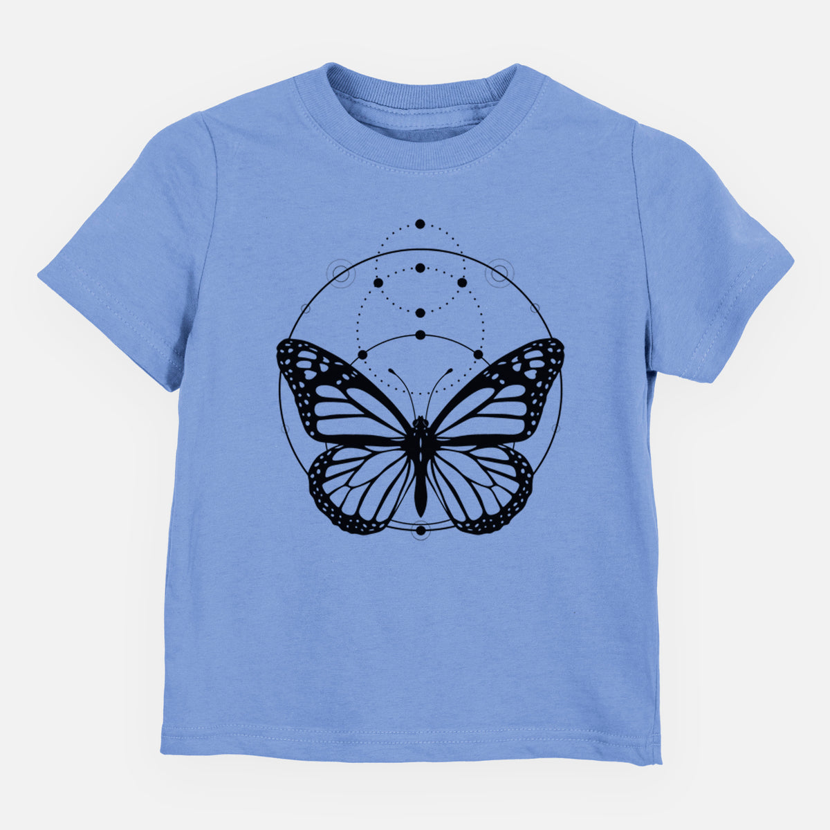 Carolina blue toddler t-shirt laid flat, printed with a black ink monarch butterfly inside a circle, beneath a line of moon phases.