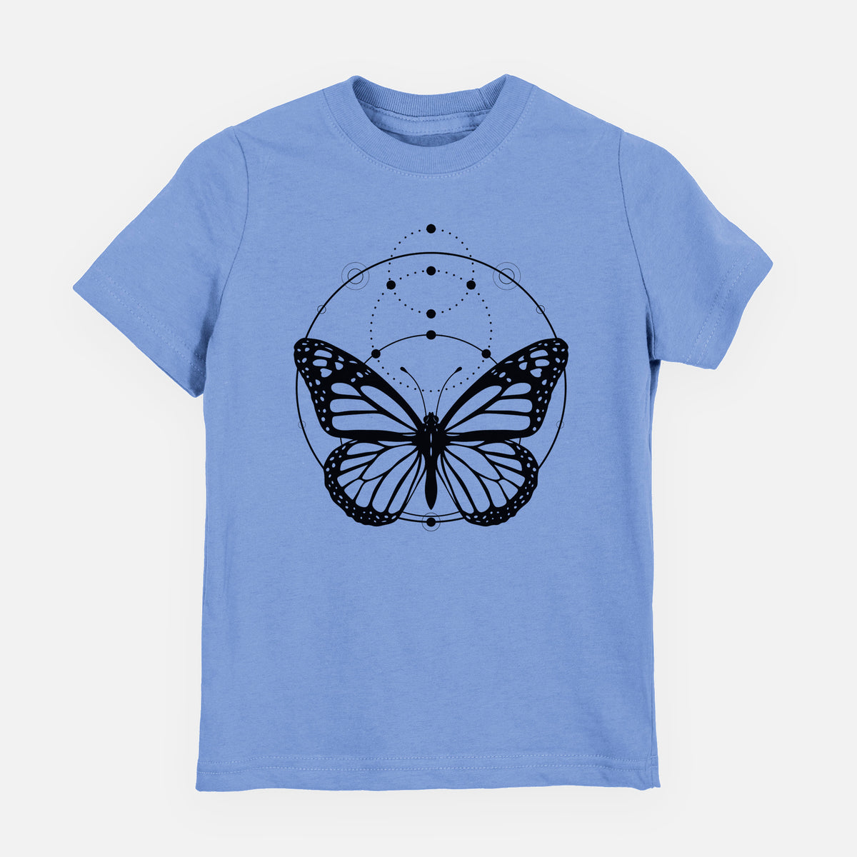 Carolina blue youth t-shirt laid flat, printed with a black ink monarch butterfly inside a circle, beneath a line of moon phases.