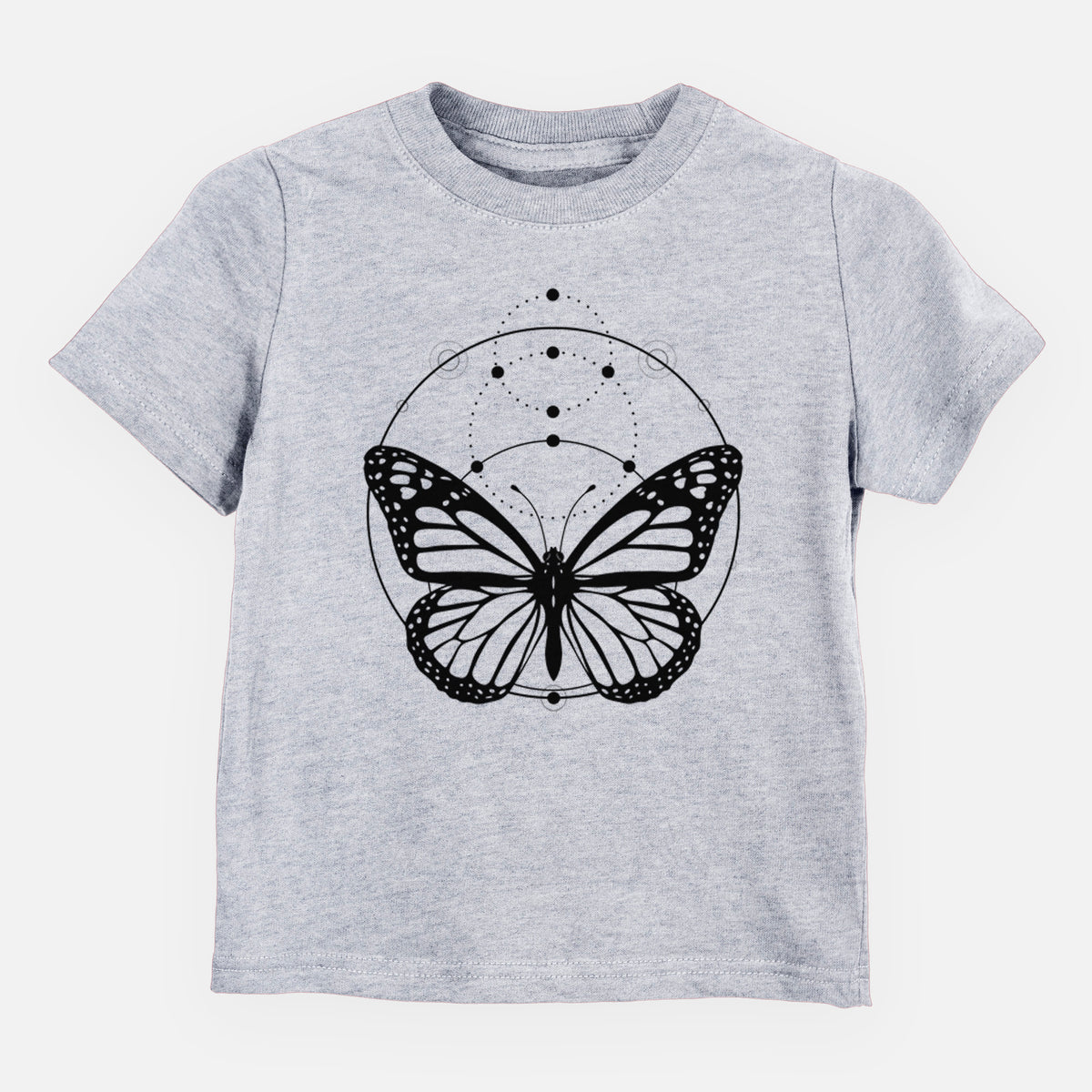 Heather grey toddler t-shirt laid flat, printed with a black ink monarch butterfly inside a circle, beneath a line of moon phases.