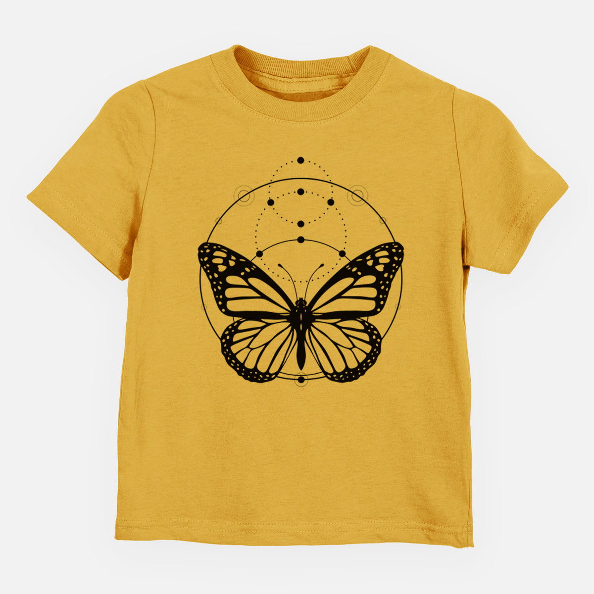 Honeycomb yellow toddler t-shirt laid flat, printed with a black ink monarch butterfly inside a circle, beneath a line of moon phases.